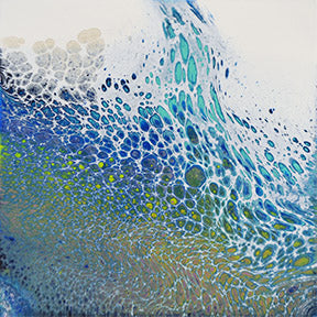 Along the wish filled shore is an abstract painting by joanne grant.  It is painted in blue, green, teal and white. The colors mingle and form cells each filled with mingling colors.  The pattern is free flowing with the cells over a white background and extending up as if a wave.