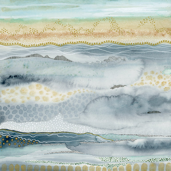 This is an image of an abstract landscape painting by joanne grant art.  The painting is done with the colors, grey, soft dark green and gold and painted with watercolor.  The painting is very serene allowing the watercolors to flow into each other creating an abstract landscape.  On top of the watercolor there is lines and dots painted with black and white ink to emphasize the designs and splotches the watercolor has made.  These lines and dots help create the scene of a landscape.