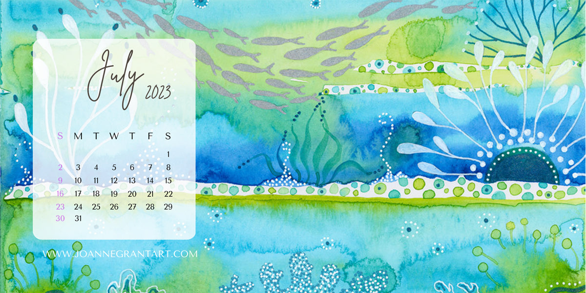 This image contains a desktop wallpaper/calendar by joanne grant art.  The wallpaper is of a painting by joanne grant.  The painting is a whimsical watercolor of an undersea scene in blue, teal and lime green. 