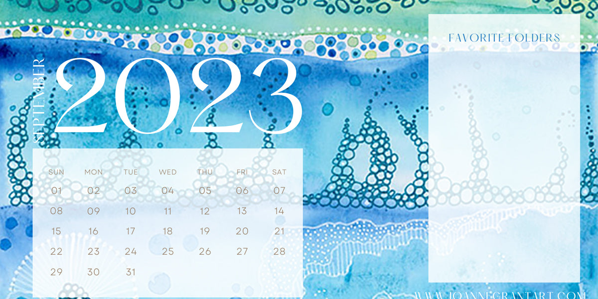 This image contains a desktop wallpaper/calendar by joanne grant art.  The wallpaper is of a painting by joanne grant.  The painting is a whimsical watercolor of an undersea scene in blue and teal.  