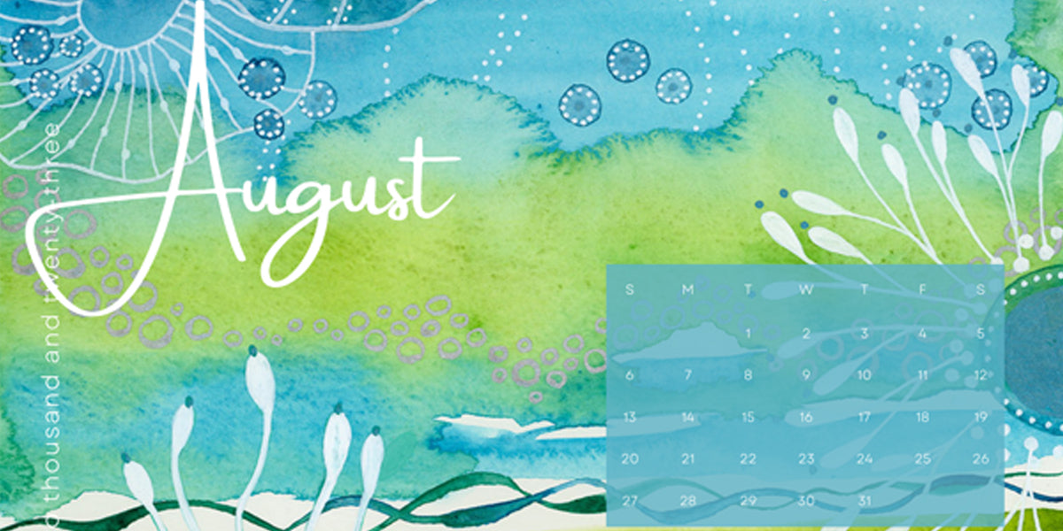This image contains a desktop wallpaper/calendar by joanne grant art for the month of august.  The wallpaper is of a painting by joanne grant.  The painting is a whimsical watercolor of an undersea scene in blue, teal and lime green. 