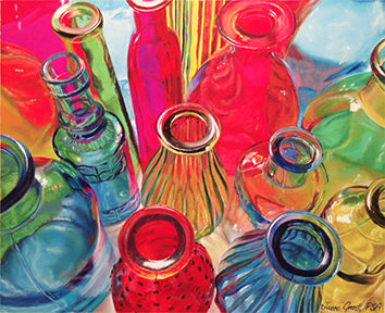Glass Bottles is a pastel painting by joanne grant.  It is a painting of colorful glass bottles with varying shapes and textures arranged next to each other.  The view is of looking down at an angle into the bottle openings.  The light causes the colors of the bottles to reflect into each other creating interesting patterns and shadows of color.