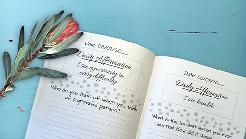 This is an image of a daily gratitude journal opened up on a blue wood painted table top.  There is a pink flower laid across the open book.