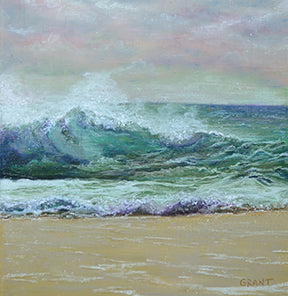 Rough surf is a pastel painting of a wave crashing on shore painted by Joanne Grant.  The sky is moody in pinks and purples.  The ocean is teal blues and the spray of the wave is a focal point.  The wave is crashing onto a beach.  